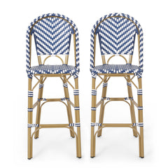 29.5" Outdoor PE Rattan French Barstool, Navy Blue and White, Aluminum Frame with Bamboo Finish (Set of 2)