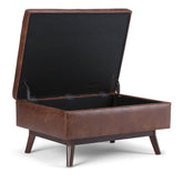 Owen 34 inch Wide Coffee Table Storage Ottoman in Distressed Saddle Brown Vegan Leather