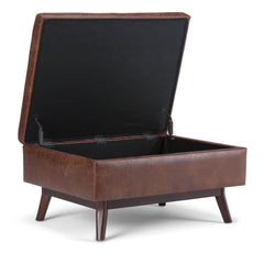 Owen 34 inch Wide Coffee Table Storage Ottoman in Distressed Saddle Brown Vegan Leather