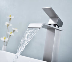 Waterfall Spout Bathroom Sink Single Handle Faucet with Pop-Up Drain (No Overflow)
