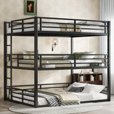 Queen over Full XL over Queen Bunk Bed, Metal Triple Bunk Bed with Safety Guardrails, Heavy-duty Bunk Bed with Noise-reduced Design, Black