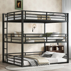 Queen over Full XL over Queen Bunk Bed, Metal Triple Bunk Bed with Safety Guardrails, Heavy-duty Bunk Bed with Noise-reduced Design, Black