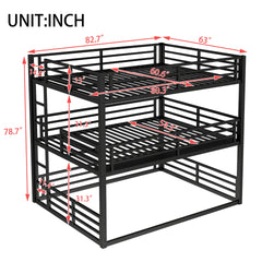 Queen over Full XL over Queen Bunk Bed, Metal Triple Bunk Bed with Safety Guardrails, Heavy-duty Bunk Bed with Noise-reduced Design, Black
