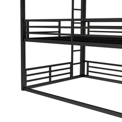 Queen over Full XL over Queen Bunk Bed, Metal Triple Bunk Bed with Safety Guardrails, Heavy-duty Bunk Bed with Noise-reduced Design, Black