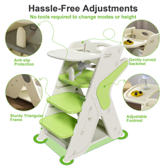 Multi functional Growing Up Dining chair,A high chair suitable for eating and feeding,Adjustable Height Toddler Tower,Use five-point seat belts and a movable large dinner plate(green)