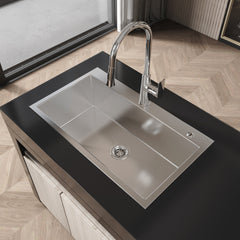 Stainless Steel Kitchen Sink, 32″x19″ Single Bowl, Overmount Handmade Sink in Brushed Nickel, with US Standard Drain and Hook, LS-SSBR02