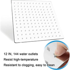 12 Inch Chrome Rain Shower Head, Square Ultra Thin 304 Stainless Steel High Pressure Shower Head Waterfall Full Body Coverage Waterfall Shower Head