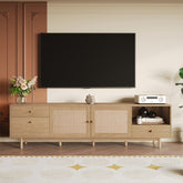 Boho TV Stand for 65, 75, 85 Inch TV, Entertainment Center with Open Storage and Drawers, Modern Wood Media TV Console with Real Rattan