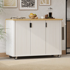 K&K 51" Fluted Kitchen Island with Drop Leaf, Farmhouse Accent Kitchen Island on Wheels with Internal Storage Rack, Rolling Kitchen Cart with Towel Rack for Kitchen, Dining Room, White Ash