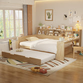 Wooden Full Size Daybed with Storage Shelves, Multi-functional Bed with Twin Size Trundle Bed and Study Desk, Natural