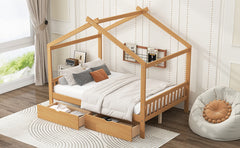 Full Size House Platform Bed with Two Drawers,Headboard and Footboard,Roof Design,Natural