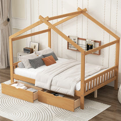 Full Size House Platform Bed with Two Drawers,Headboard and Footboard,Roof Design,Natural
