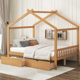 Full Size House Platform Bed with Two Drawers,Headboard and Footboard,Roof Design,Natural