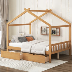 Full Size House Platform Bed with Two Drawers,Headboard and Footboard,Roof Design,Natural