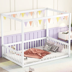 Full Size Canopy Frame Rubber Wood Floor Bed with Fence,Guardrails,White