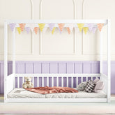 Full Size Canopy Frame Rubber Wood Floor Bed with Fence,Guardrails,White