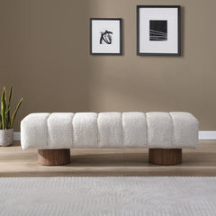 Upholstered Dining Bench for Dining Room, No-Assembly End of Bed Entryway Bench Ottoman for Bedroom Living Room, Beige Faux Fur Fabric Stool Top Wood Leg 300 LBS Weight Capacity