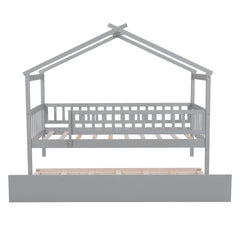 Twin Size Wooden House Bed with Twin Size Trundle, Gray