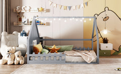 Full Size Wood House Bed with Window and Fence, Gray