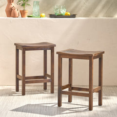 Outdoor Acacia Wood Counter Height Barstool, Set of 2, Mahogany Brown Finish