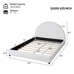 Queen Size Bed Frame With Boucle Upholstered Round Curved Headboard, White