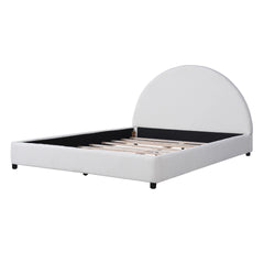 Queen Size Bed Frame With Boucle Upholstered Round Curved Headboard, White