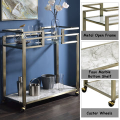 Neilo Clear Glass, Faux Marble Top & Wire Brass Finish Serving Cart