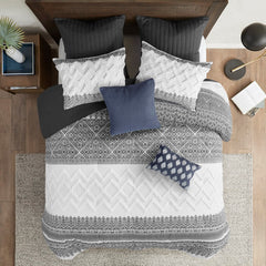 3 Piece Cotton Comforter Set with Chenille Tufting Gray Full/Queen
