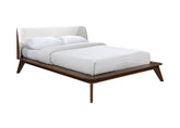 Walnut / Beige Color King Size Bed 1pc Fabric Winged Edge Headboard Platform Bedframe Mattress Ready Mid-Century Modern Style