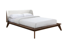 Walnut / Beige Color King Size Bed 1pc Fabric Winged Edge Headboard Platform Bedframe Mattress Ready Mid-Century Modern Style