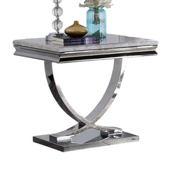 1pc End Table Modern Glam Style 18mm Faux Marble On Top Pedestal Base Stainless Steel Metal Structure Chroma Finish Coffee Table-Not Included
