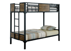 Black Finish Twin Over Twin Industrial Style Bunk Bed Metal Structure With Wooden Panel Attached Footboard Ladder And Nail Head Accent