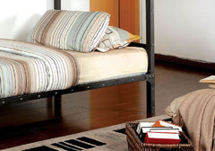 Black Finish Twin Over Twin Industrial Style Bunk Bed Metal Structure With Wooden Panel Attached Footboard Ladder And Nail Head Accent