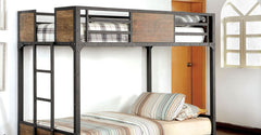 Black Finish Twin Over Twin Industrial Style Bunk Bed Metal Structure With Wooden Panel Attached Footboard Ladder And Nail Head Accent