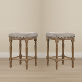Set of 2pc Counter Height Stools Oak Finish Beige Fabric Seating Nailhead Trim Wooden Traditional Dining Room Furniture