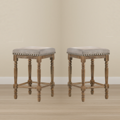 Set of 2pc Counter Height Stools Oak Finish Beige Fabric Seating Nailhead Trim Wooden Traditional Dining Room Furniture
