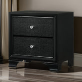 2 Drawer Wooden Nightstand with Textured Details and Crystal Pulls, Black