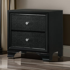 2 Drawer Wooden Nightstand with Textured Details and Crystal Pulls, Black