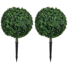 HOMCOM 1.3' (15.7") Artificial Boxwood Topiary Trees with Ground Stake, UV Resistant Set of 2 Ball Shaped Trees, Indoor Outdoor Fake Plants for Home Office & Living Room Décor