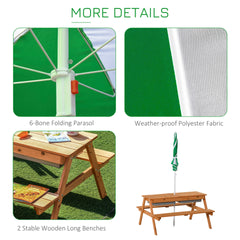 Outsunny Kids Picnic Table with Umbrella and Storage Inside, Sand and Water Table, Kids Outdoor Furniture, Wooden Bench Backyard Furniture for Garden, Patio, or Balcony