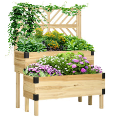 Outsunny Raised Garden Bed with Trellis, 2 Tier Wooden Elevated Planter Box with Legs and Metal Corners for Vegetables, Flowers, Herbs, Natural