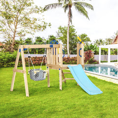 Outsunny 3 in 1 Wooden Swing Set Outdoor Playset with Baby Swing Seat, Toddler Slide, Captain's Wheel, Telescope, Kids Backyard Playground Equipment, Ages 1.5-4