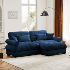 Over Size Modern Two-seater Sofa with Ottoman, Velvet 2-Seater with Round Bolster Armrests,With Waist Pillow and Throw Pillows,Small L Shape Sofa For Living Room, Reading Room Blue
