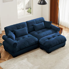 Over Size Modern Two-seater Sofa with Ottoman, Velvet 2-Seater with Round Bolster Armrests,With Waist Pillow and Throw Pillows,Small L Shape Sofa For Living Room, Reading Room Blue