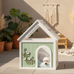Transparent Roof Wooden Pet House with Floral Carvings FSC Cedar Indoor Shelter for Cats & Small Dogs 63.5×47.5×77.6 cm