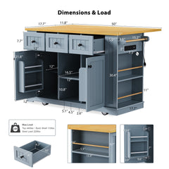 K&K 53inch Large Kitchen Island with Drop Leaf,Power Outlet,Door Internal Storage Rack,Rolling Kitchen Cart on 5 Wheels with 5 Open Side Racks for Kitchen,Grey Blue(Two Packages)(Stools not included)