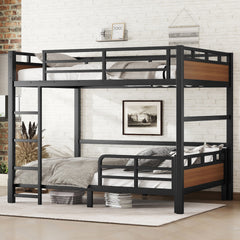 Full XL over Full XL Metal Bunk Bed/Metal Loft Bed,Separable Bunk Beds,with raised security fence,Walnut Color