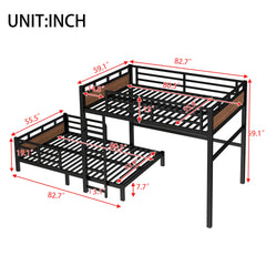 Full XL over Full XL Metal Bunk Bed/Metal Loft Bed,Separable Bunk Beds,with raised security fence,Walnut Color