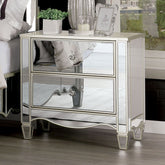 Glam Silver Finish 1pc Nightstand Mirror Panels Ornate Accents Curved Feet Crystal Drawer Knobs Bedside Table Bedroom Furniture