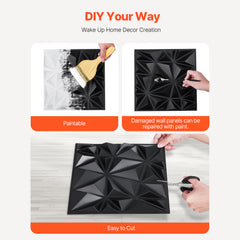 3D Wall Panels 33-Pack 11.81 x 11.81'' PVC 32 Sq.Ft Coverage Diamond Matte Black
